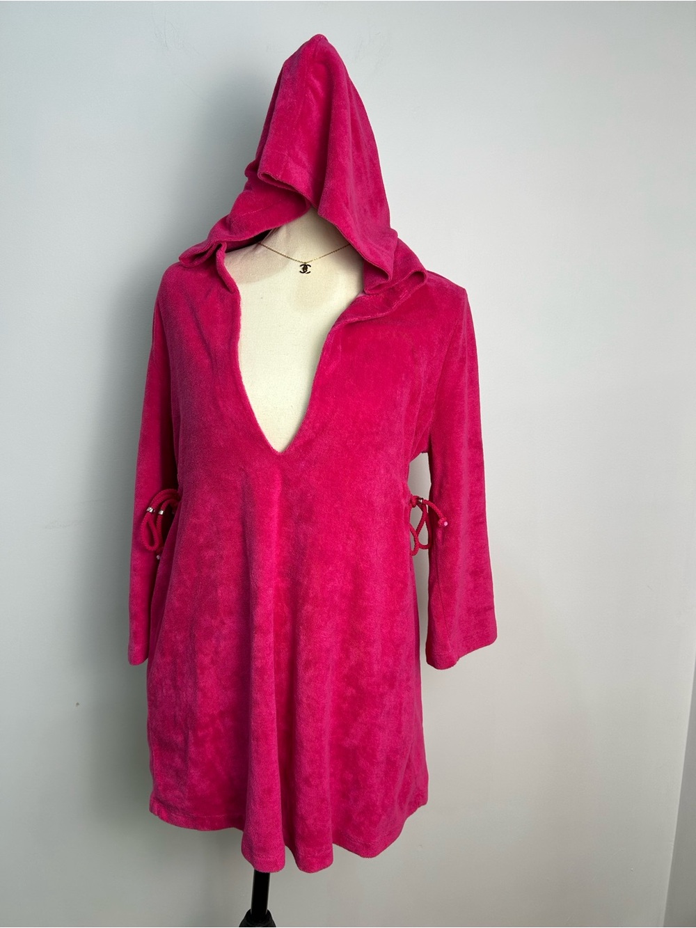 Raviya Hooded V-Neck Cotton Blend TerryCloth Swim Cover-Up in Hot Pink